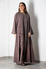 BEIGE HAND EMBROIDERED BELL SLEEVE ABAYA.