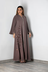 BEIGE HAND EMBROIDERED BELL SLEEVE ABAYA.