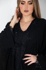 BLACK LACE CRYSTALIZED EMBELISHED OPEN ABAYA