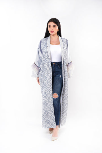 BLUE  CRYSTALIZED BISHT JAQUARD ABAYA