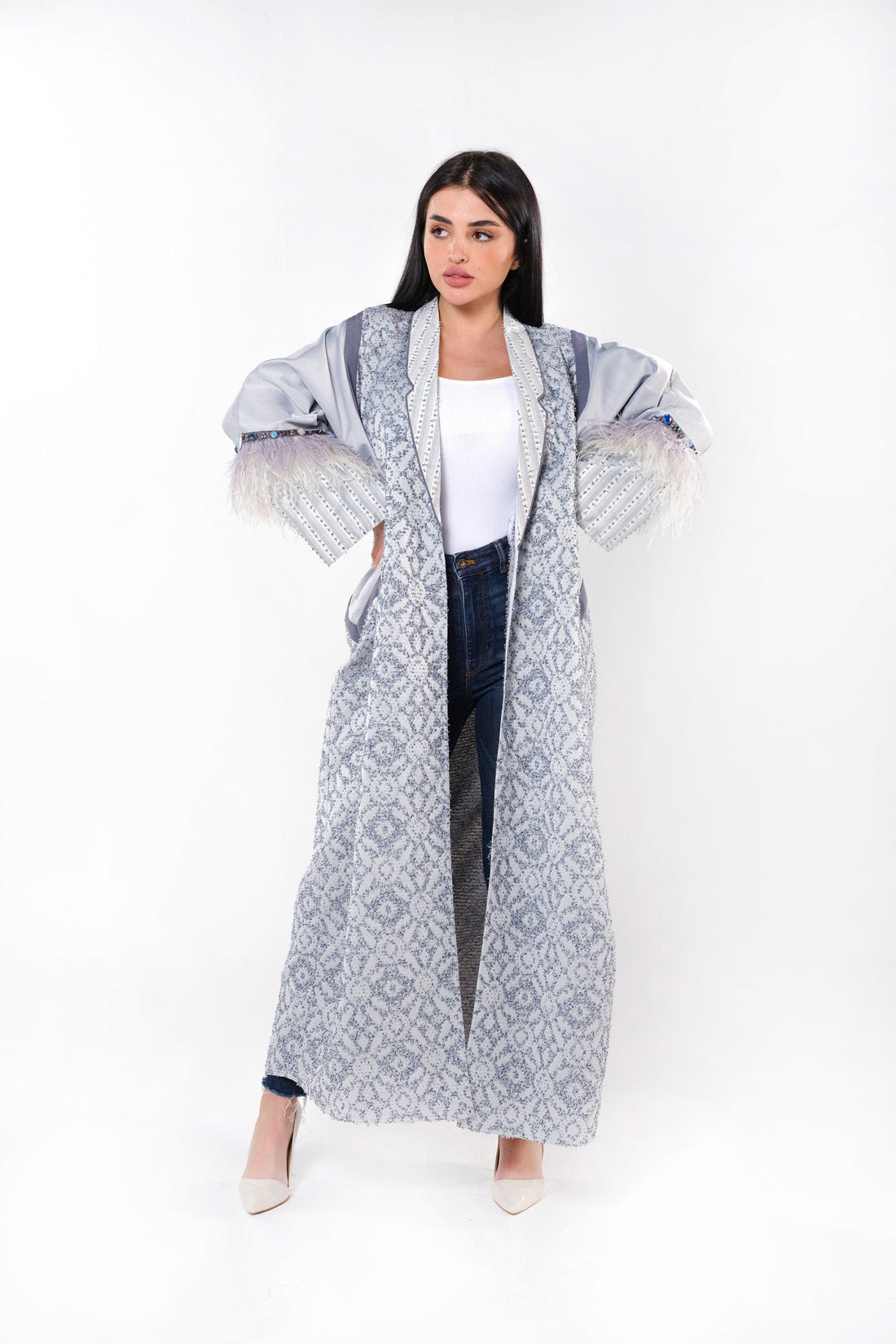 BLUE  CRYSTALIZED BISHT JAQUARD ABAYA