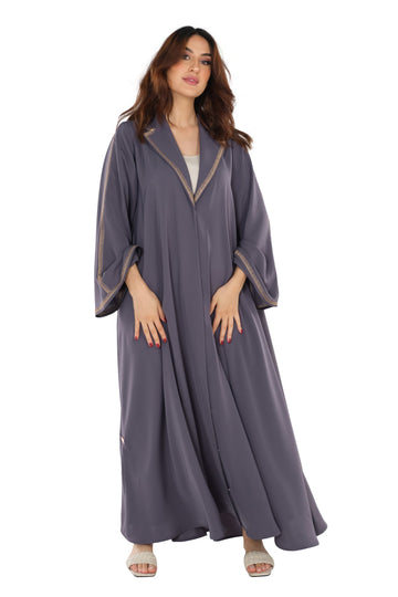 GREY HAND EMBRODERED CREPE  OPEN ABAYA