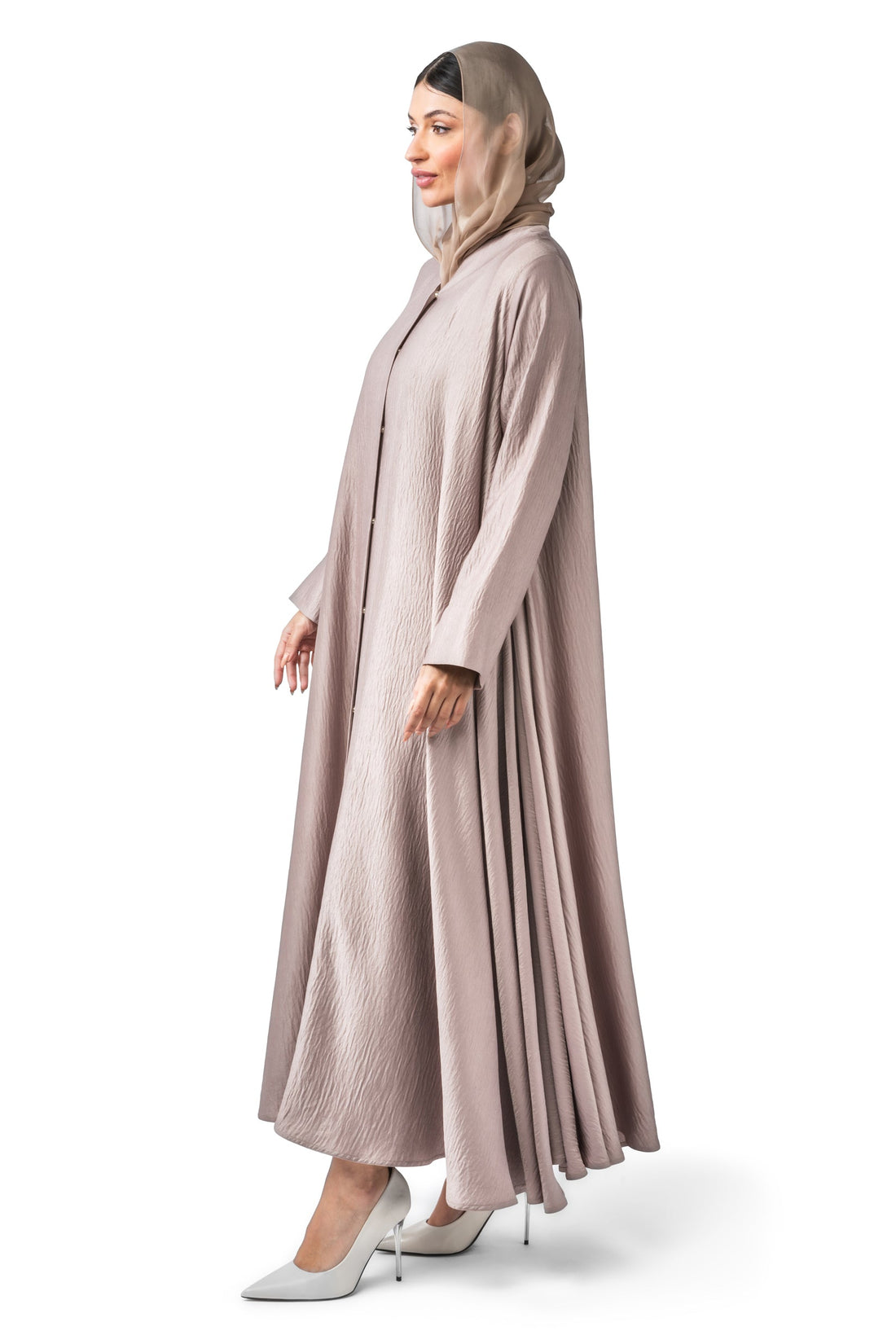 BEIGE TRIBPLE CLOSH CREPE OPEN ABAYA