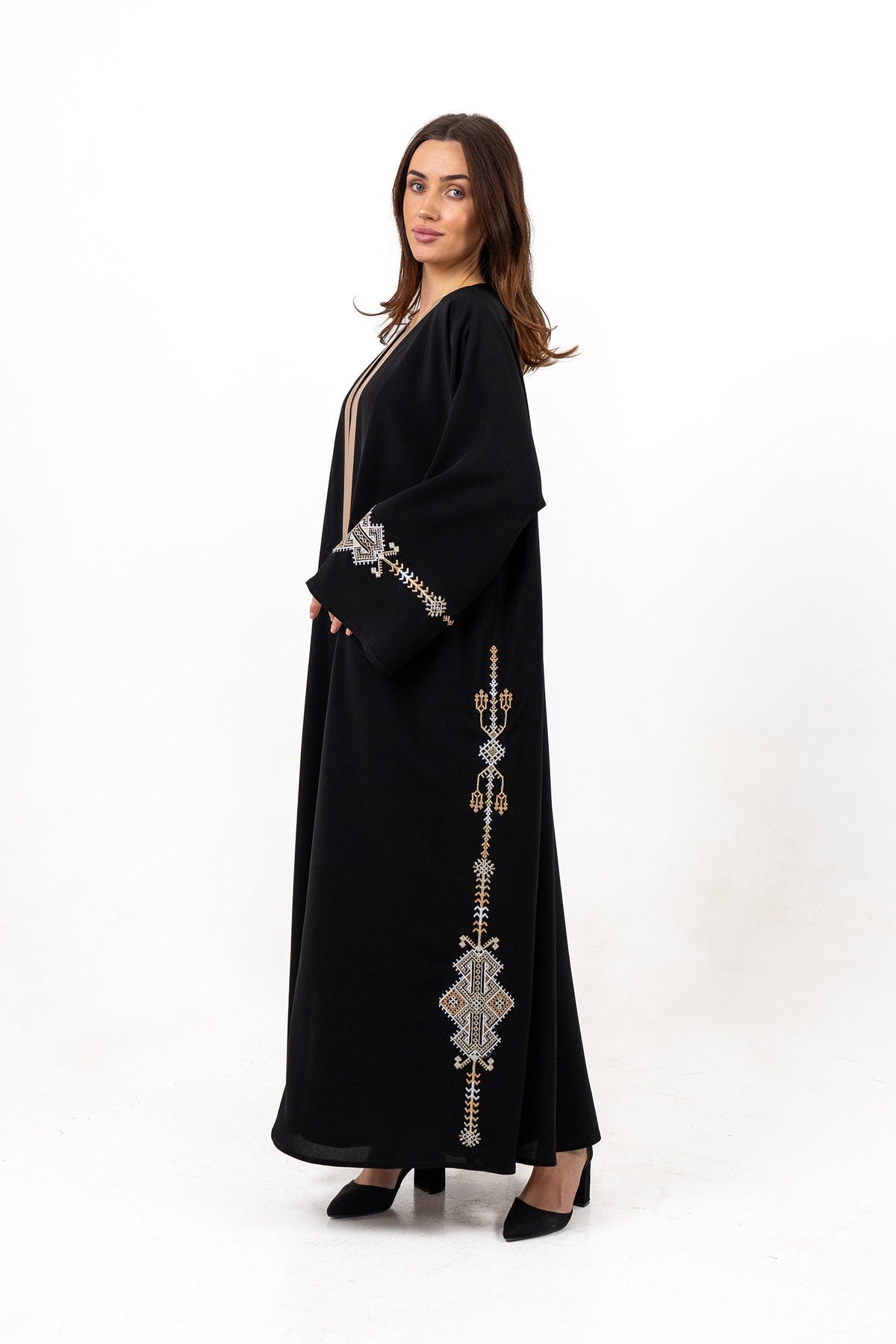 Kuwait Shadow Black Embroidered Soalon Abaya | Elegant Open Abaya Kuwait – Shadow KW