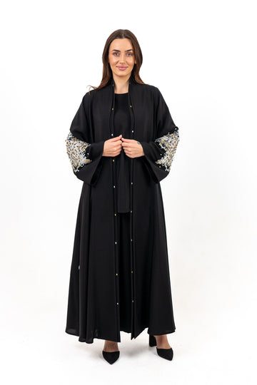 BLACK EMBROIDERED SOALON OPEN ABAYA