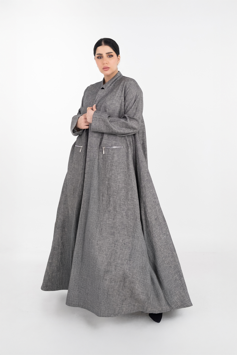 BLACK LINEN TRENDY OPEN ABAYA .