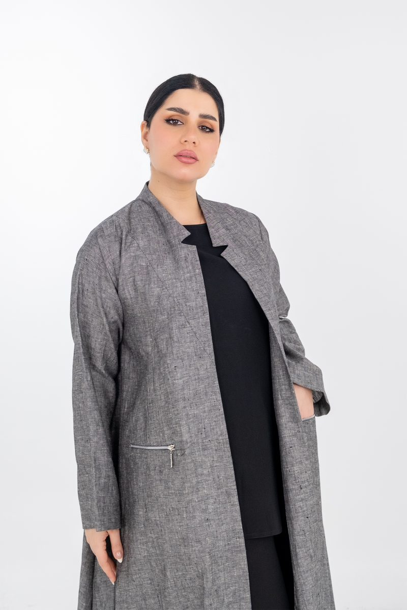 BLACK LINEN TRENDY OPEN ABAYA .