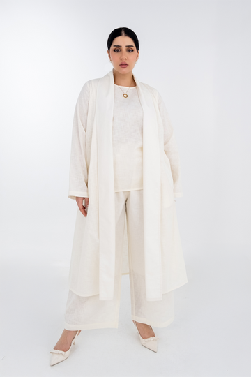 طقم عباية مفتوح عصري من الكتان باللون الأبيض الفاتح