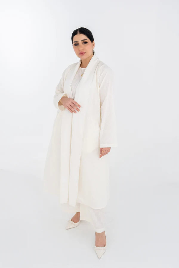 OFFWHITE  LINEN TRENDY OPEN ABAYA SET