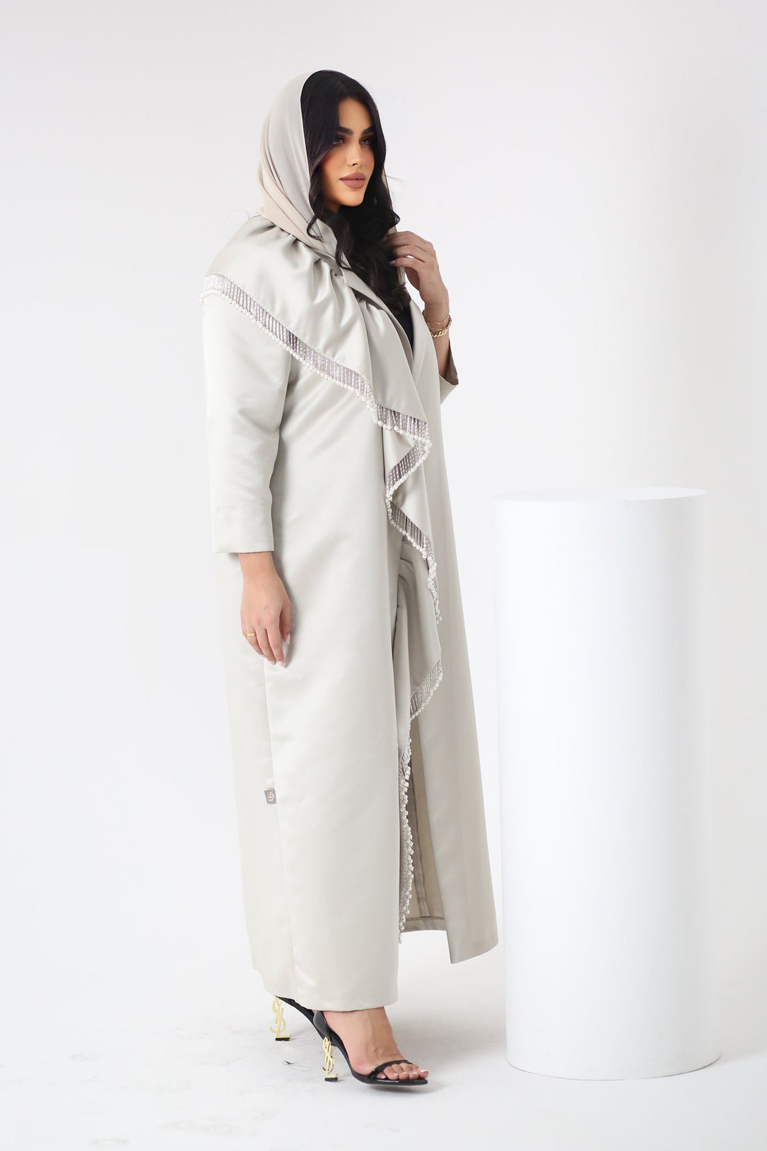 BEIGE SATIN OPEN  ABAYA.