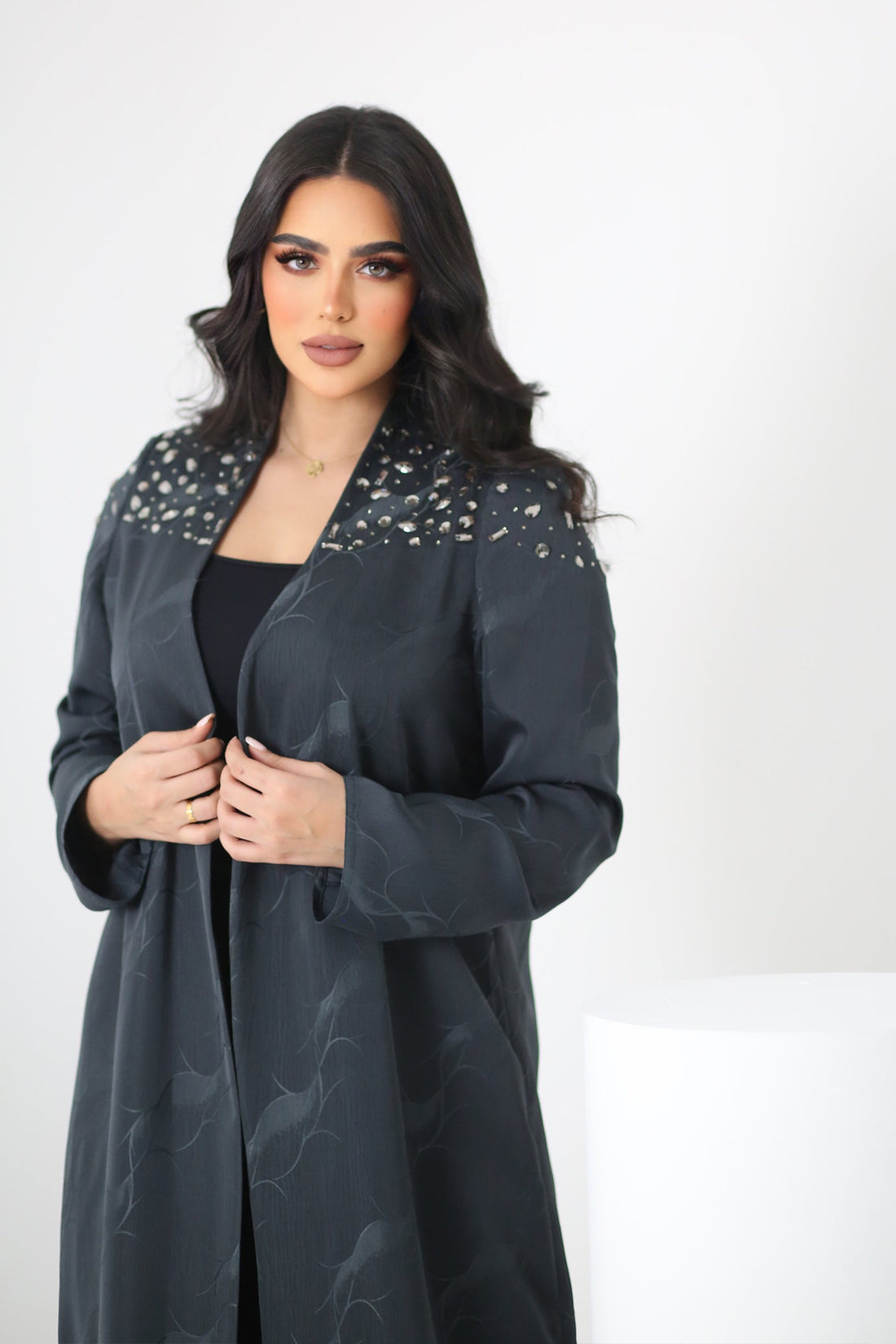 OLIVE GREEN JACQUARD OPEN ABAYA