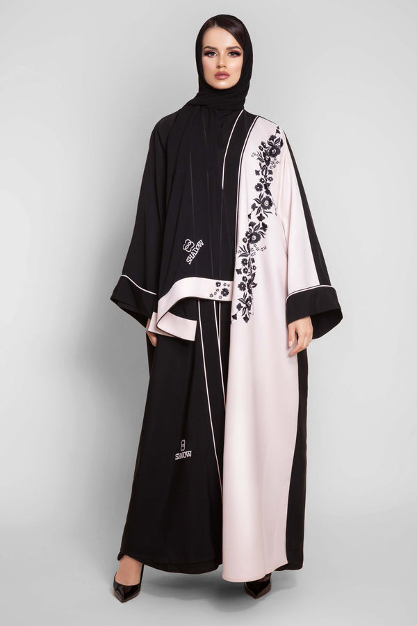 BLACK- WHITE FLORAL EMBROIDERED ABAYA
