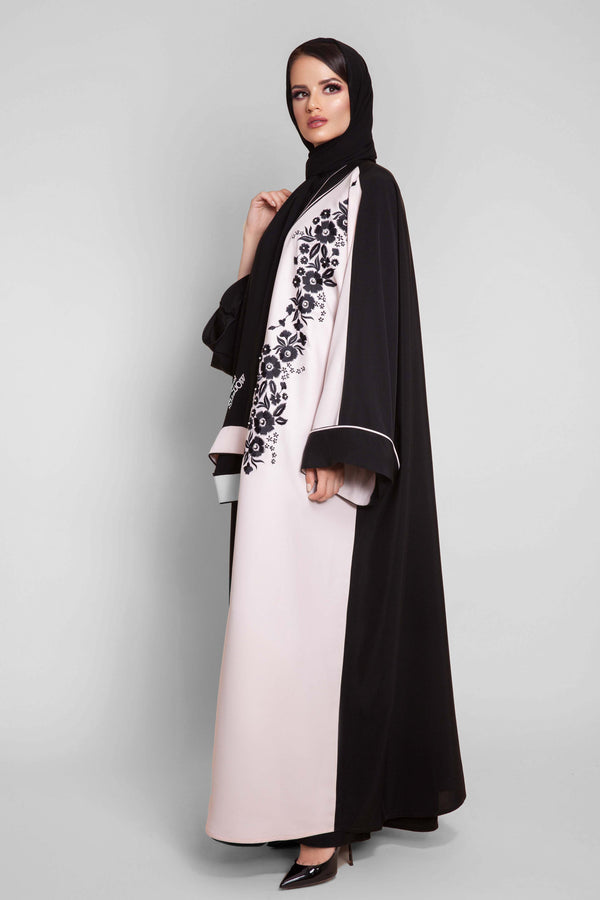 BLACK- WHITE FLORAL EMBROIDERED ABAYA