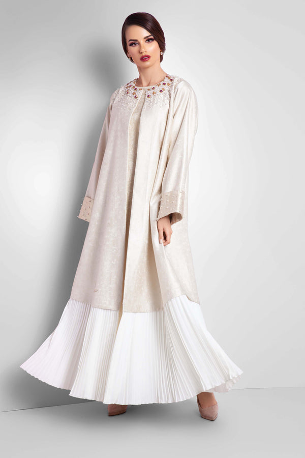 OFF WHITE KNITTED FABRIC CRYSTALS OPEN ABAYA.