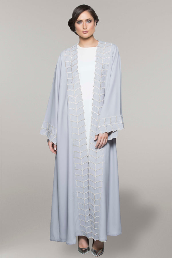 SKY BLUE EMBROIDERED CRYSTALIZED OPEN CREPE ABAYA.