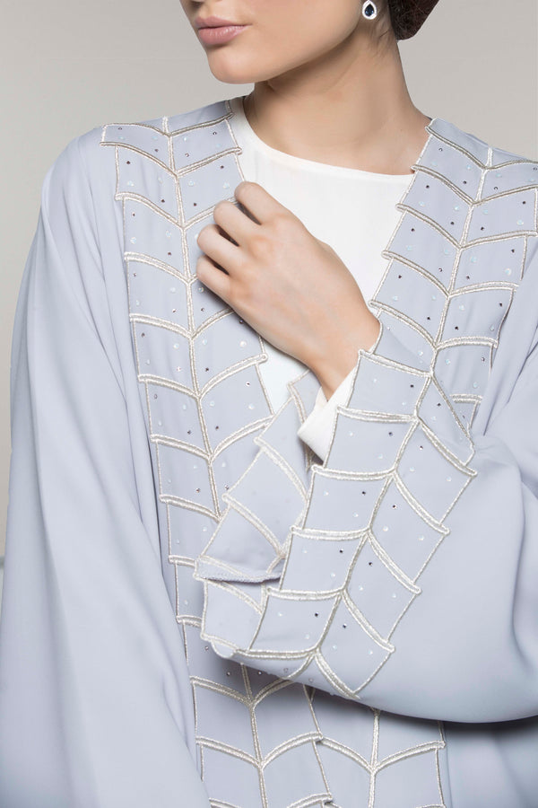 SKY BLUE EMBROIDERED CRYSTALIZED OPEN CREPE ABAYA.