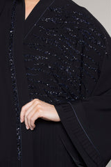 BLACK SEQUIN HAND EMBROIDERED RUFFLE OPEN ABAYA.