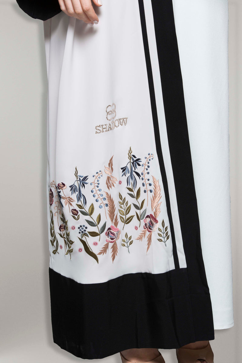 BEIGE PASTEL FLORAL EMBROIDERED OPEN ABAYA.