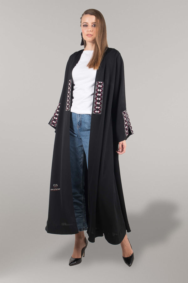 BLACK TRADITIONAL HAND EMBROIDERED CREPE OPEN ABAYA.