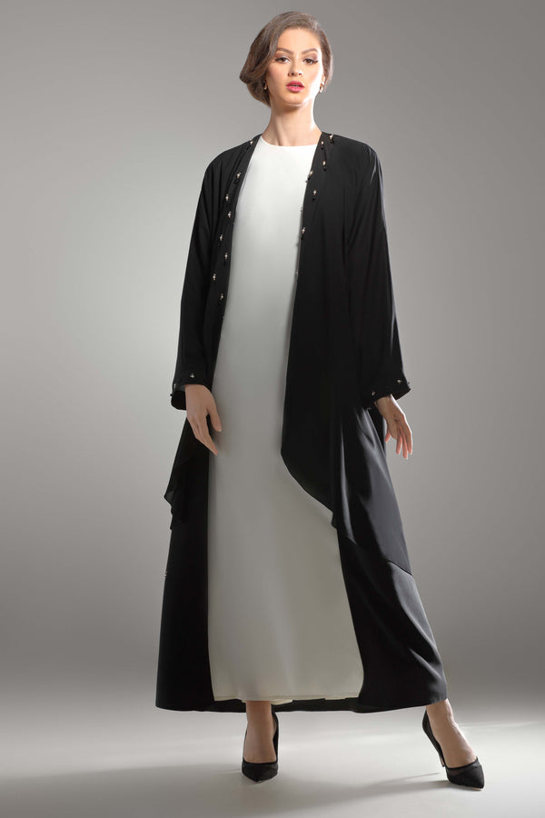 BLACK CRYSTAL HAND EMBROIDERED OPEN ABAYA.