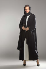 BLACK CRYSTAL HAND EMBROIDERED OPEN ABAYA.