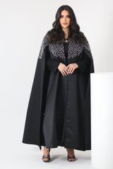 BLACK EMBROIDERED STAIN CAPE OPEN ABAYA