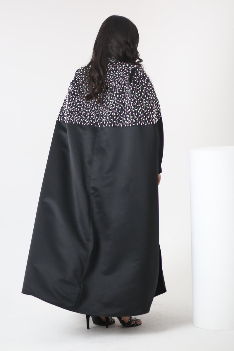 BLACK EMBROIDERED STAIN CAPE OPEN ABAYA